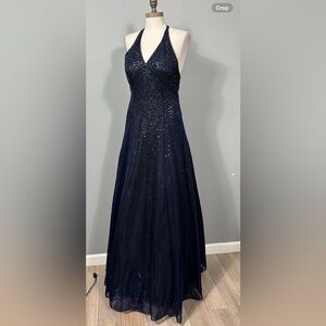 Cassandra Stone Parliament Blue Halter Neck Beaded Sequin Maxi Dress Gown size 6